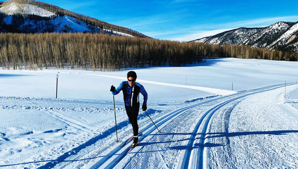 A Nordic skier on Ashcroft Ski Touring’s groomed classic and skate ski trails.