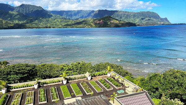 A view of Kauai from the 1 Hotel Hanalei Bay over the resort's rooftop garden.