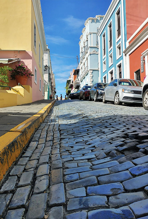 An undulating cobblestone street in Old San Juan.