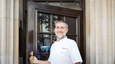 Michel Roux in front of Le Gavroche, his two-starred Michelin restaurant in London.