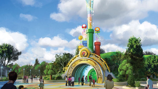 Epic Universe’s four other themed worlds can be accessed via Celestial Park. Guests will enter themed portals to reach the worlds. Seen here is the portal to Super Nintendo World.