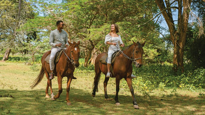 Guests of the Fairmont Mount Kenya Safari Club on safari via horseback, which is less stressful  for wildlife than motor vehicles.