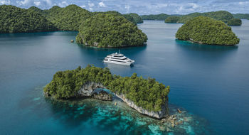 An aerial view of the 11-cabin Four Seasons Explorer, Palau.