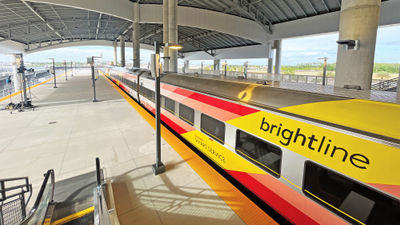 A Brightline train at the Brightline Orlando station.