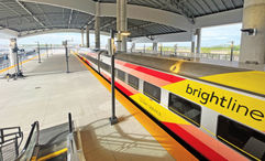 A Brightline train at the Brightline Orlando station.