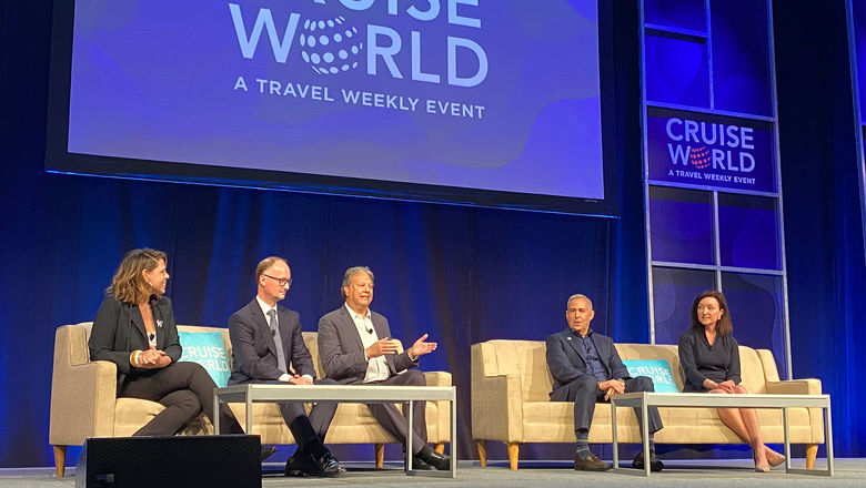 From left, Janet Bava, chief commercial officer at Windstar Cruises; Marcus Leskovar, executive vice president at Amadeus River Cruises; Bruce Metzendorf, sales director for North America at Riviera River Cruises; Alex Pinelo, senior vice president of sales at AmaWaterways and Kristen Steele, vice president of national and key accounts at Avalon Waterways.