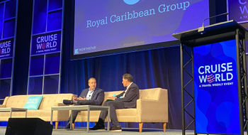 Royal Caribbean Group CEO Jason Liberty, left, and Travel Weekly editor-in-chief Arnie Weissmann at CruiseWorld in Fort Lauderdale.
