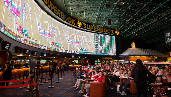 The Westgate’s SuperBook, with more than 350 seats and a 220-foot-by-18-foot video wall, is among the prime viewing spots for Super Bowl LVIII.