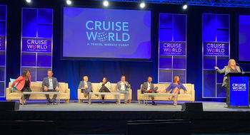 Cruise sales execs gather for the Masterminds Leadership panel. From left, Katina Athanasiou of Celebrity; John Chernesky of NCL, Rob Coleman of Holland America, Koreen McNutt of MSC Cruises, Anthony Meloro of Royal Caribbean; Adolfo Perez of Carnival; and Carmen Roig of Princess, with moderator Mary Pat Sullivan.